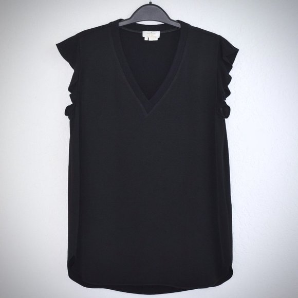 Kate Spade Black Flutter Sleeve Blouse S Satin Crepe VNeck NJMU4836 Relaxed Fit - Picture 2 of 7